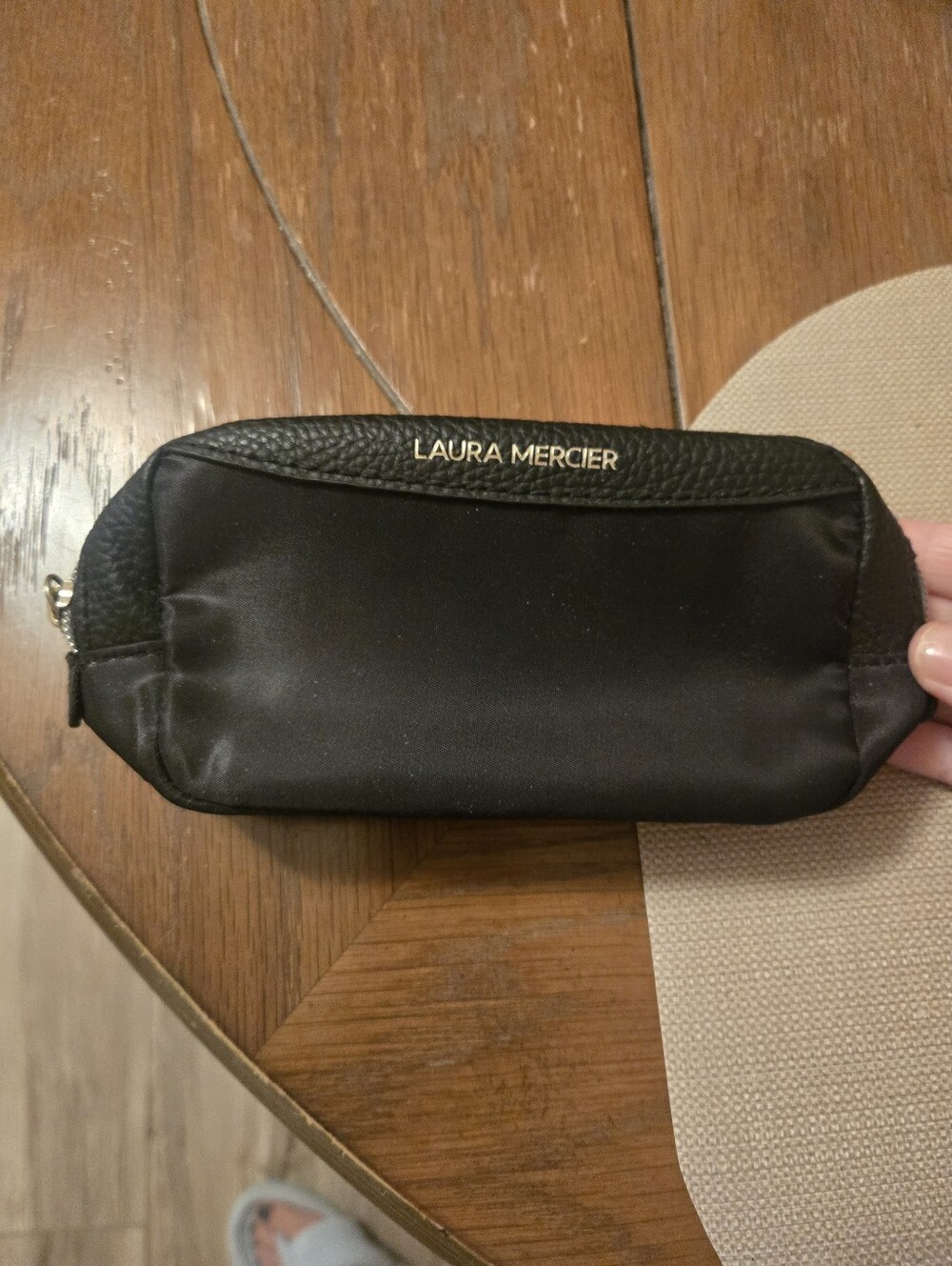 Laura mercier Black Satin and Pebbled Leather Makeup Pouch with Gold Logo